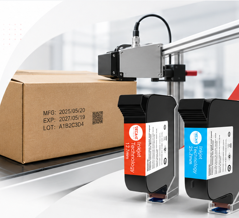 Carton coding application scene with 12.7mm and 25.4mm Wecare Supplies TIJ ink cartridges