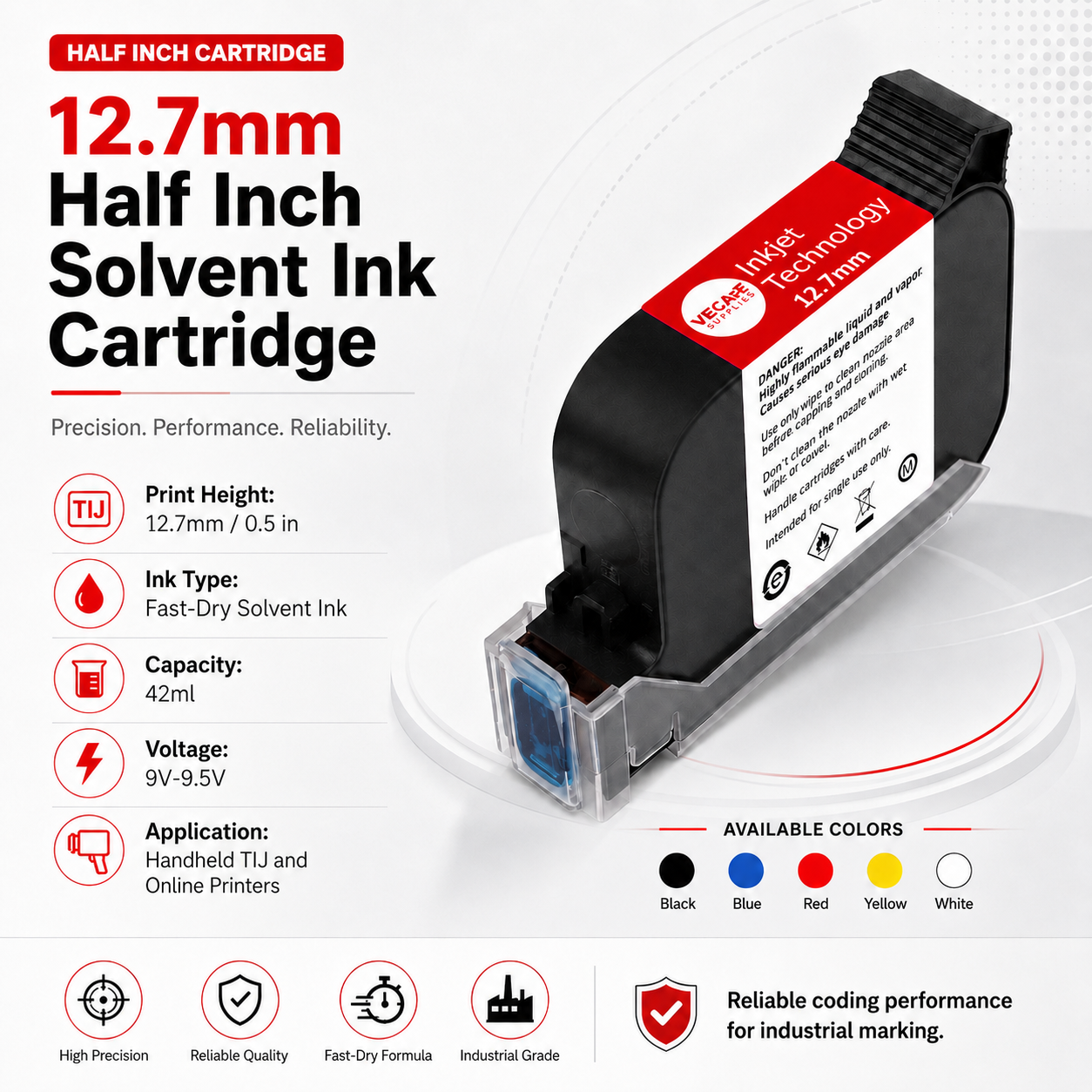 12.7mm half inch TIJ solvent ink cartridge