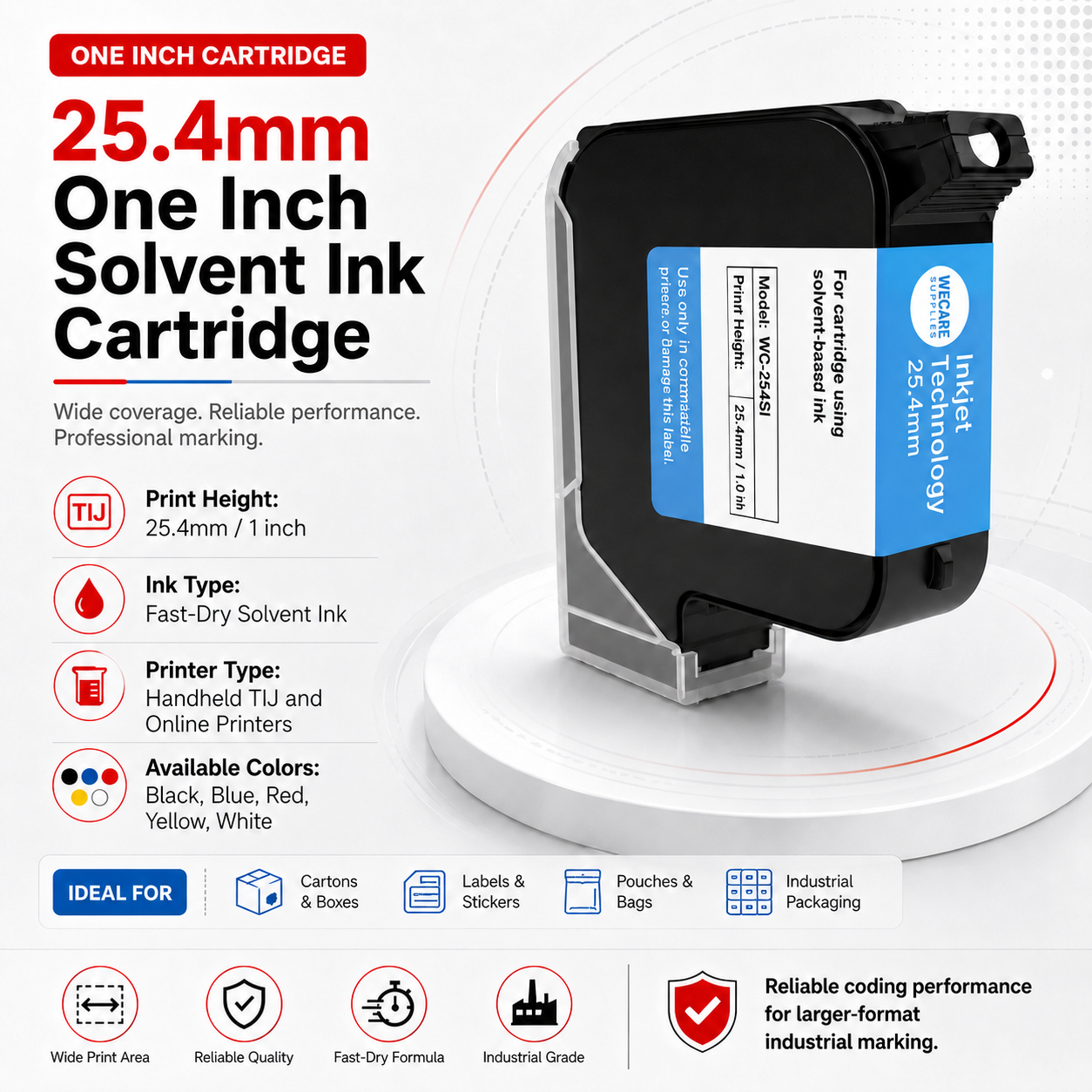 25.4mm one inch TIJ solvent ink cartridge
