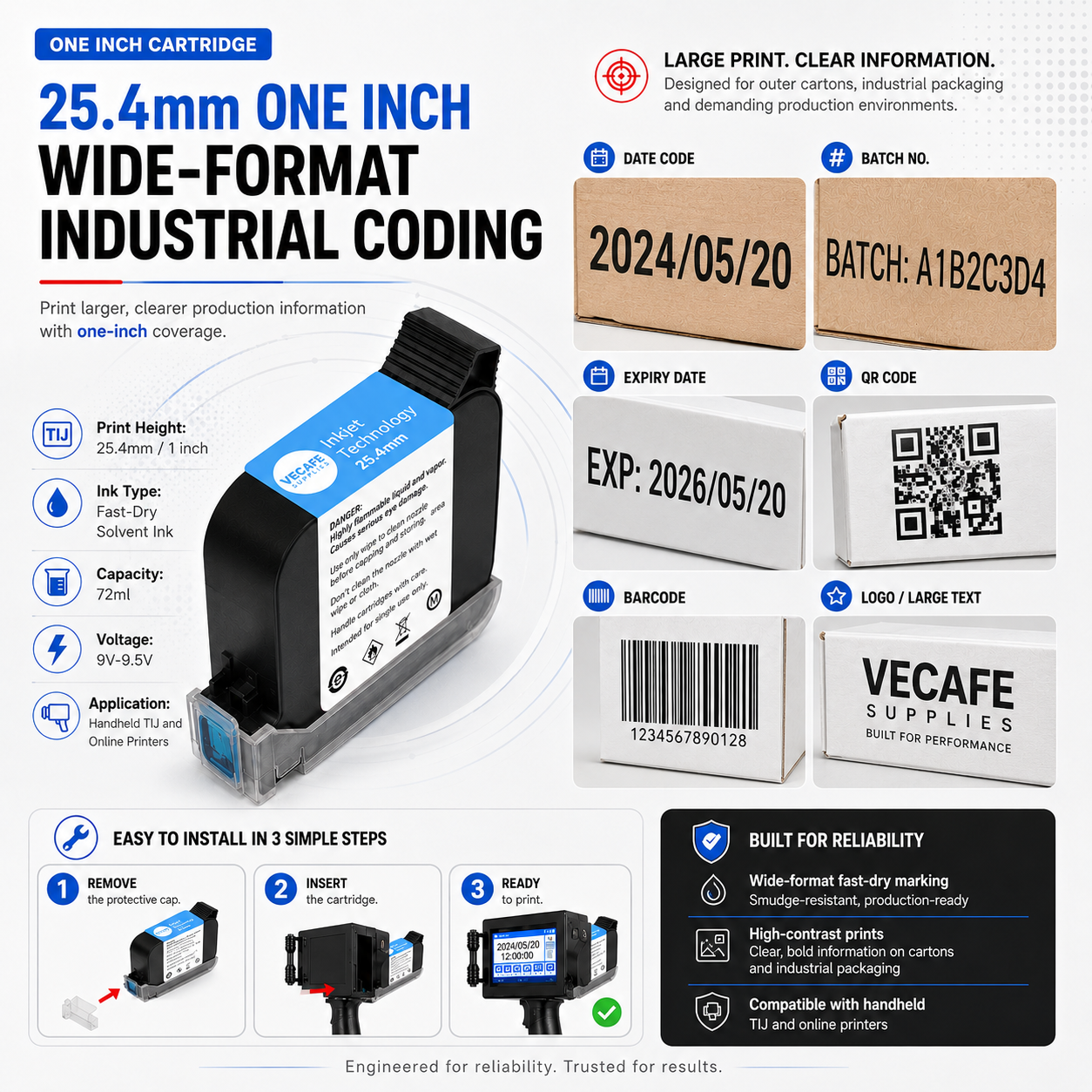 Front view of 25.4mm TIJ solvent ink cartridge